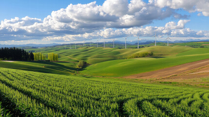 picturesque landscape with wind turbines on rolling hills and vibrant greenery