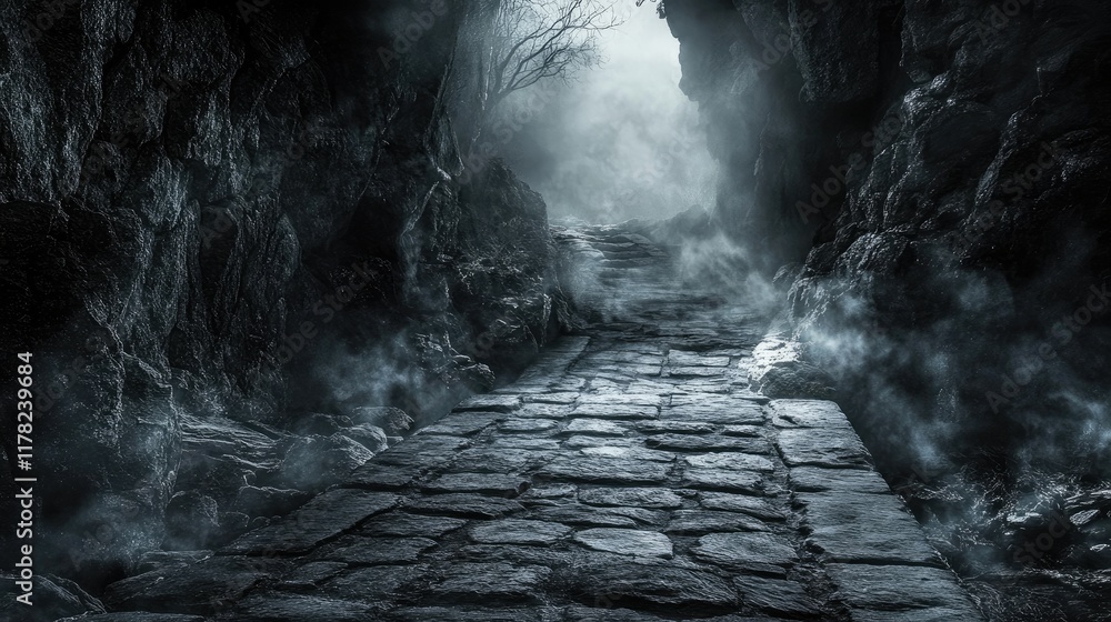 Poster a dark, mist-covered pathway made of stone, shrouded in mystery, with a grayscale filter adding to t