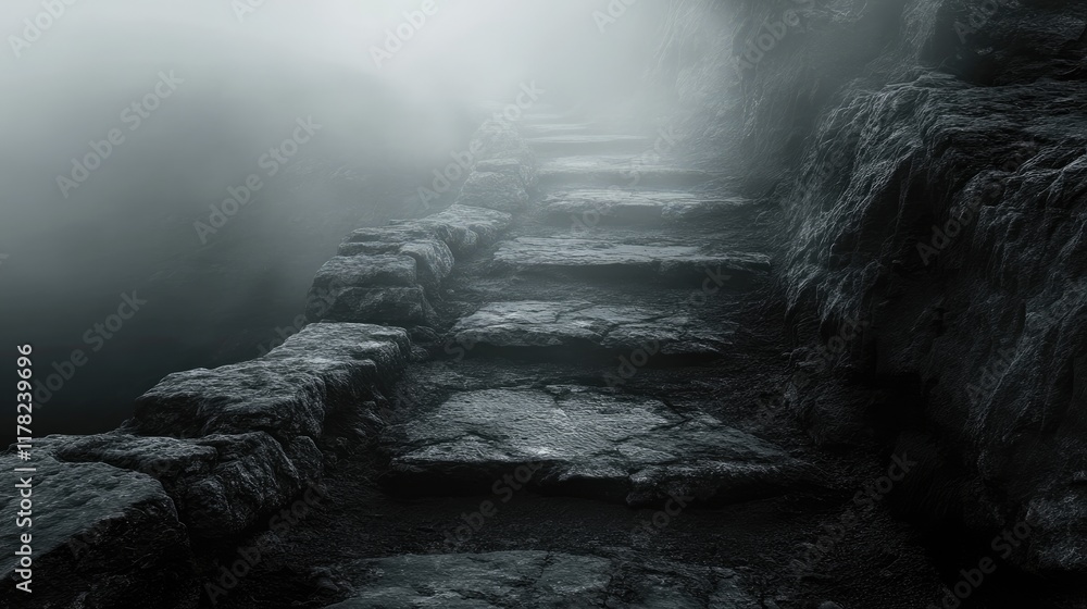 Poster a dark, mist-covered pathway made of stone, shrouded in mystery, with a grayscale filter adding to t