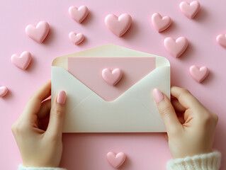 Obraz premium Romantic Envelope with Pink Hearts Flat Lay