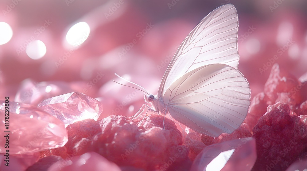 Poster A delicate white butterfly resting gently on pink gemstones, illuminated by soft, diffused light, creating a tranquil and ethereal scene