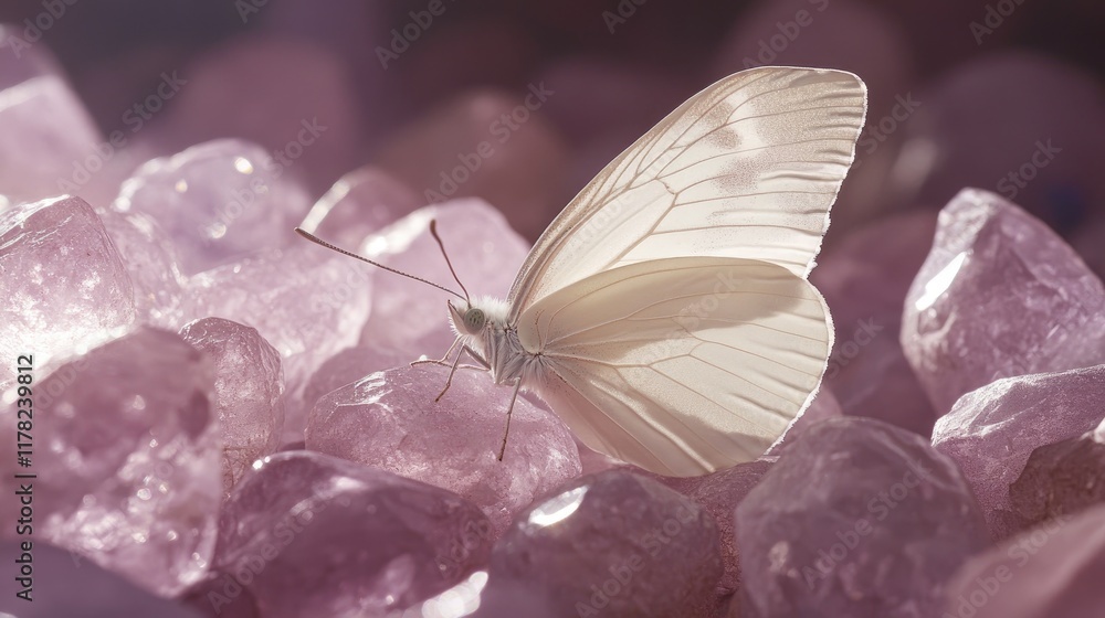 Poster A delicate white butterfly resting gently on pink gemstones, illuminated by soft, diffused light, creating a tranquil and ethereal scene