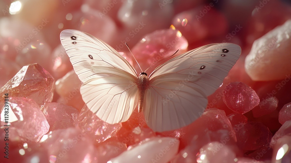 Aufkleber a delicate white butterfly resting gently on pink gemstones, illuminated by soft, diffused light, cr