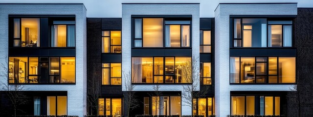 Modern townhouses, dark exterior, glass windows, glowing interior lights, dusk, minimalist architecture, symmetrical design, urban residential, contemporary facade, sleek lines, row houses, twilight a