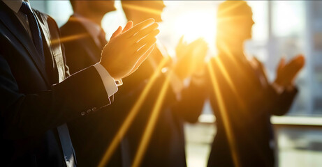 A group of business people clapping and smiling in an office setting with a closeup on their hands The background is blurred with natural light streaming through the w