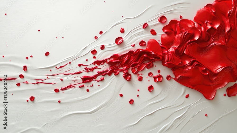 Aufkleber A dynamic scene of red paint droplets falling and creating ripples on a sleek white surface, representing the flow of creativity and emotion in an abstract composition