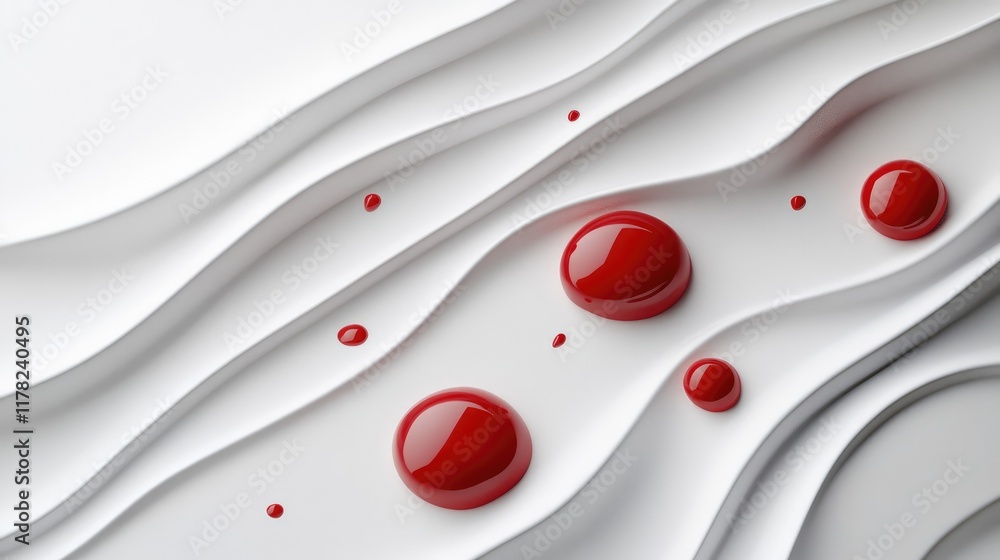 Poster A dynamic scene of red paint droplets falling and creating ripples on a sleek white surface, representing the flow of creativity and emotion in an abstract composition