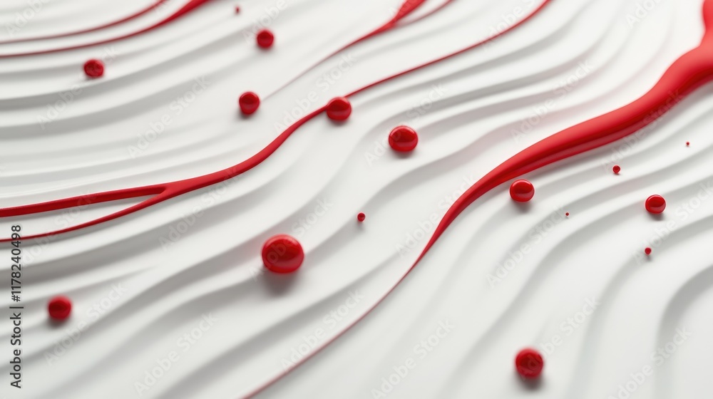 Aufkleber A dynamic scene of red paint droplets falling and creating ripples on a sleek white surface, representing the flow of creativity and emotion in an abstract composition