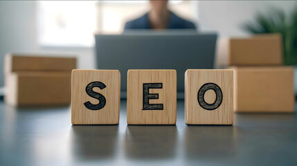 a photorealistic image of three wooden blocks arranged in a row each with a letter spelling SEO placed on a desk in an eCommerce setting The background features a ecom