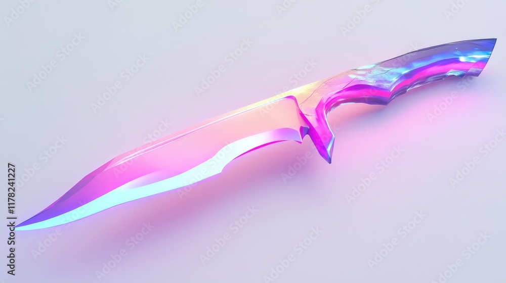 Poster a futuristic, glowing neon knife with jagged edges displayed on a clean, modern white backdrop, emph
