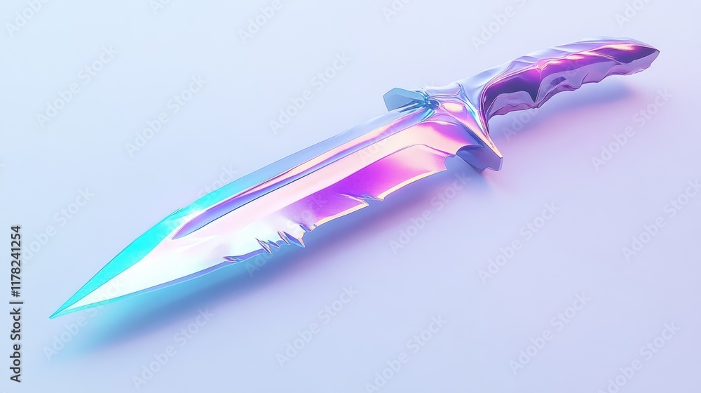 Poster a futuristic, glowing neon knife with jagged edges displayed on a clean, modern white backdrop, emph