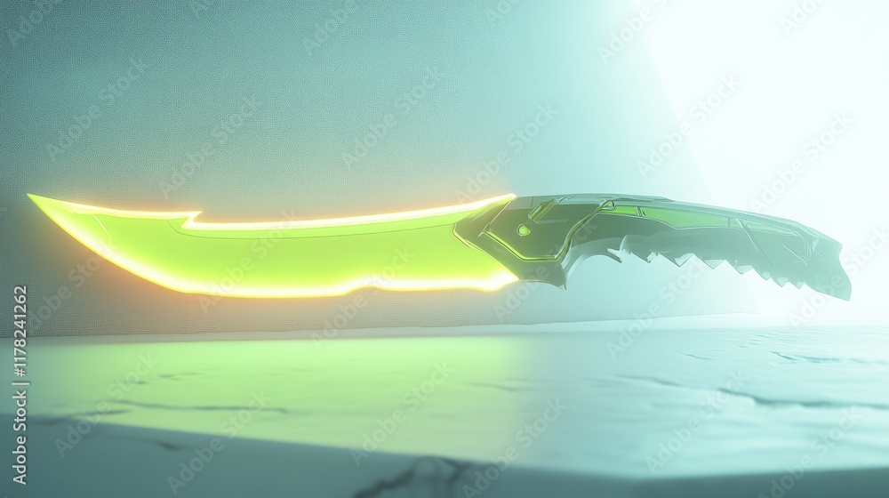 Poster a futuristic, glowing neon knife with jagged edges displayed on a clean, modern white backdrop, emph