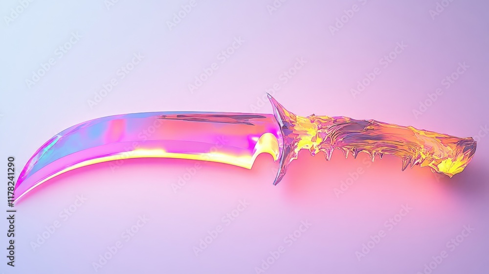 Poster a futuristic, glowing neon knife with jagged edges displayed on a clean, modern white backdrop, emph
