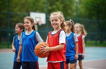 Group of kids playing basketball outdoors. Children wear sportswear. Girls stand in line holding basketball. Smiling girl stands in center, looks at camera. Preparing for game on court. Looks like