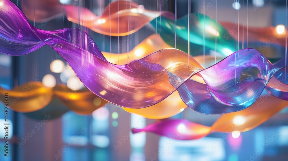Poster A futuristic hanging light sculpture with dynamic, flowing shapes and glowing colors, creating a mesmerizing and modern art installation