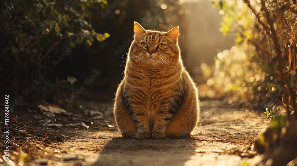 Poster An overweight cat sitting in a patch of sunlight, its fur illuminated and creating a warm, inviting scene.