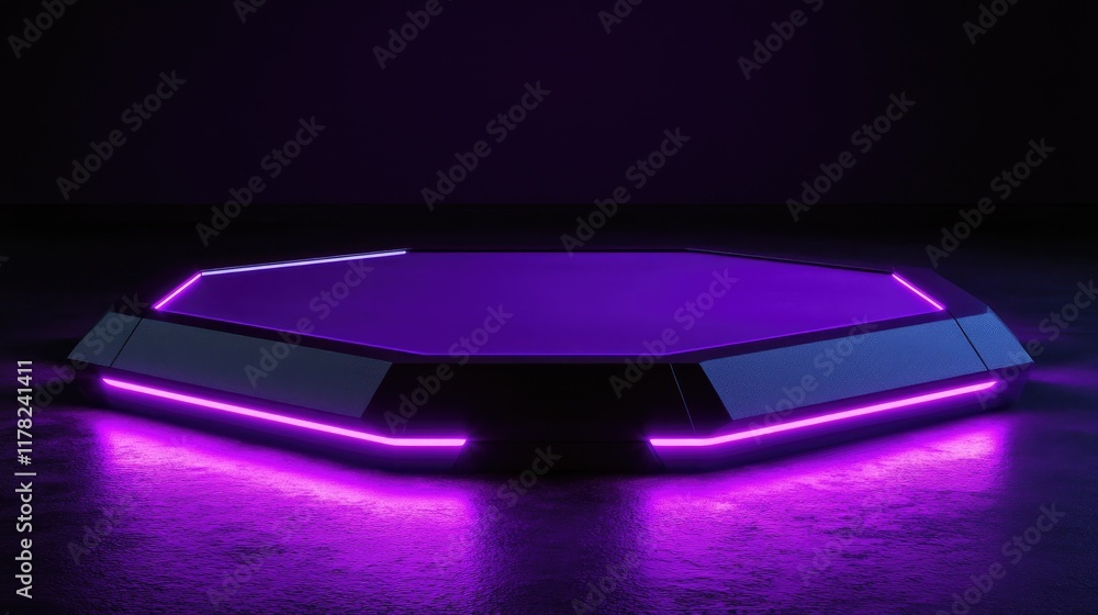 Poster A futuristic hexagon-shaped platform glowing with purple neon lighting, creating a sleek and vibrant atmosphere with sharp geometric design