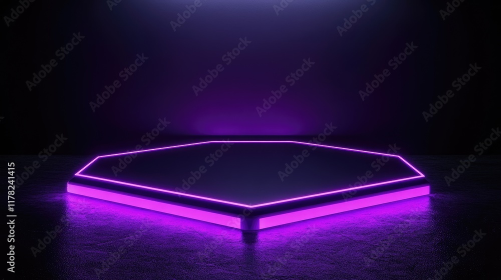 Poster A futuristic hexagon-shaped platform glowing with purple neon lighting, creating a sleek and vibrant atmosphere with sharp geometric design