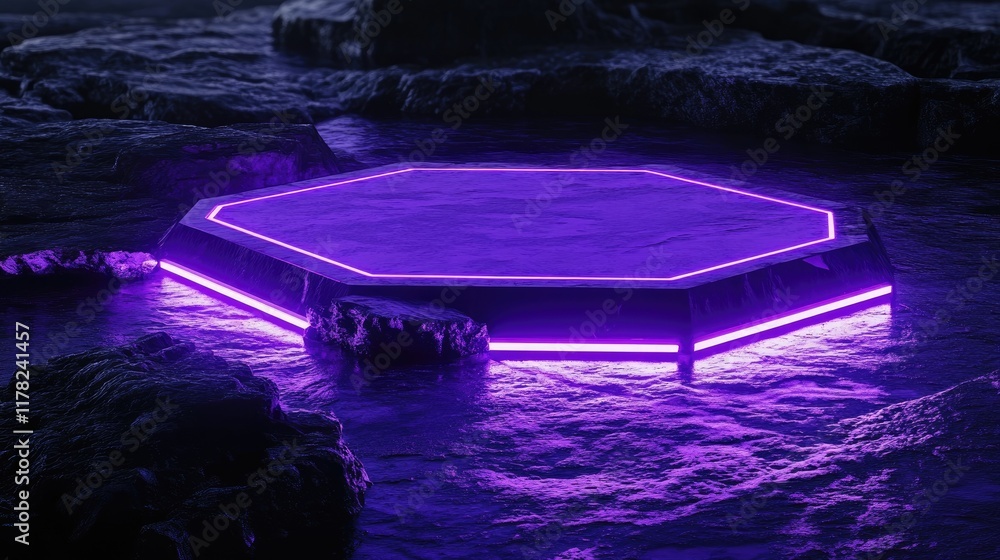 Poster a futuristic hexagon-shaped platform glowing with purple neon lighting, creating a sleek and vibrant