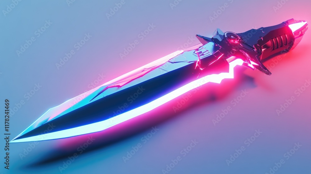Aufkleber a futuristic, neon-glowing knife with jagged blades on a sleek, white background, creating a high-te