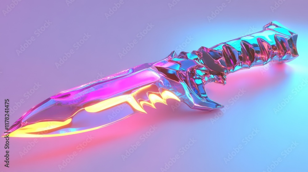 Poster a futuristic, neon-glowing knife with jagged blades on a sleek, white background, creating a high-te