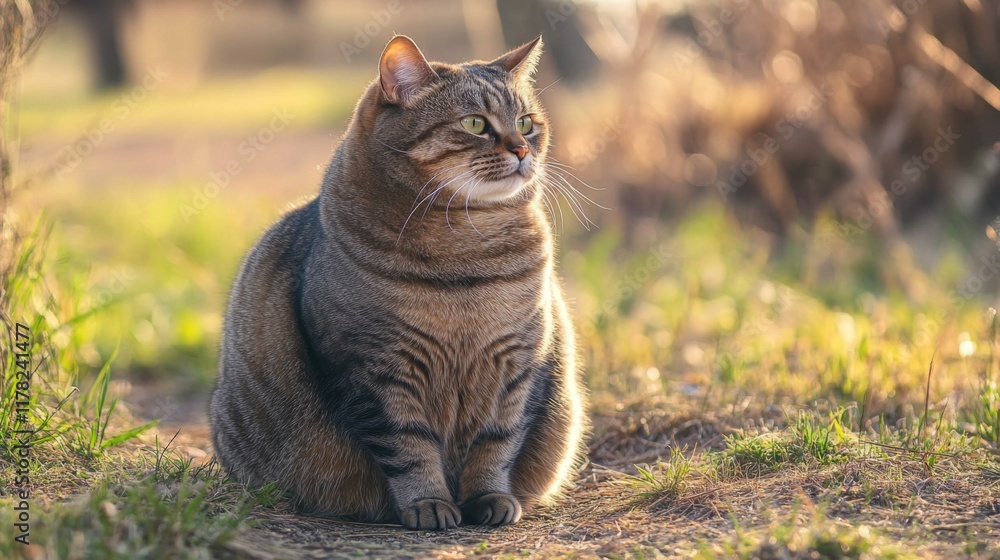 Aufkleber An overweight cat sitting in a patch of sunlight, its fur illuminated and creating a warm, inviting scene.