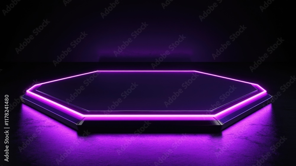 Poster A futuristic hexagon-shaped platform glowing with purple neon lighting, creating a sleek and vibrant atmosphere with sharp geometric design