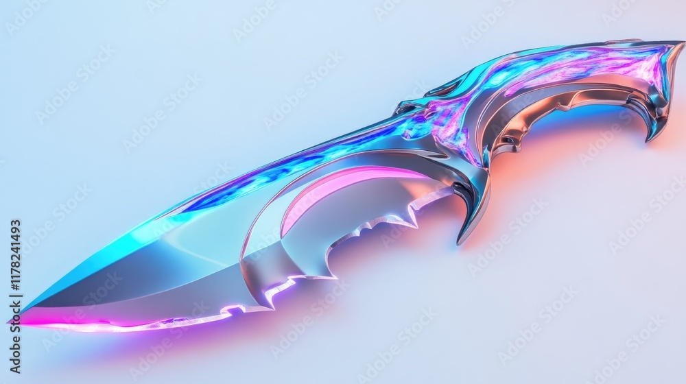 Poster a futuristic, neon-glowing knife with jagged blades on a sleek, white background, creating a high-te
