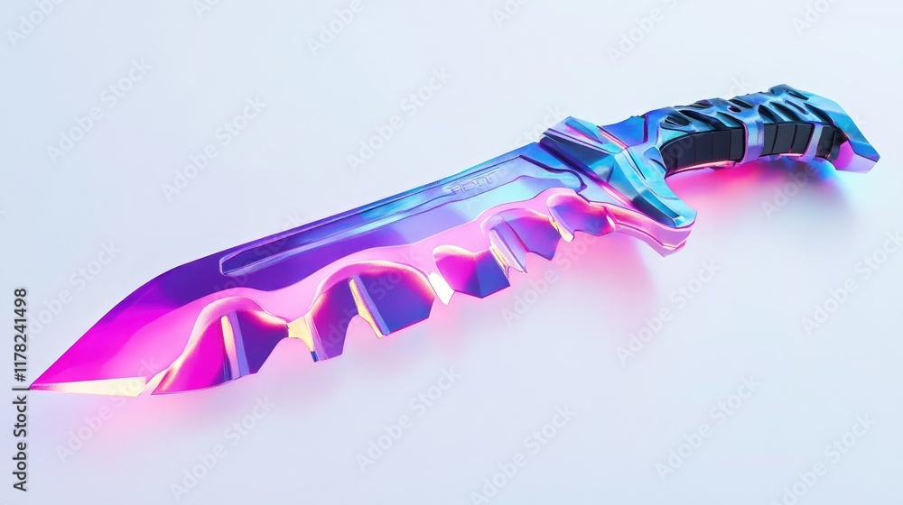 Poster a futuristic, neon-glowing knife with jagged blades on a sleek, white background, creating a high-te