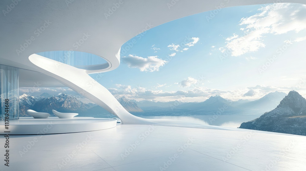 Poster a futuristic white architectural structure with clean lines, offering a stunning view of a vast moun