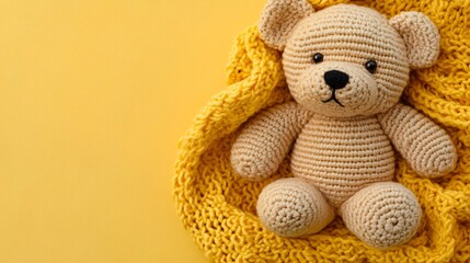 A photorealistic amigurumi teddy bear on a cozy yellow blanket, ideal for baby shower invitations, children's decor, or nostalgic gift themes.