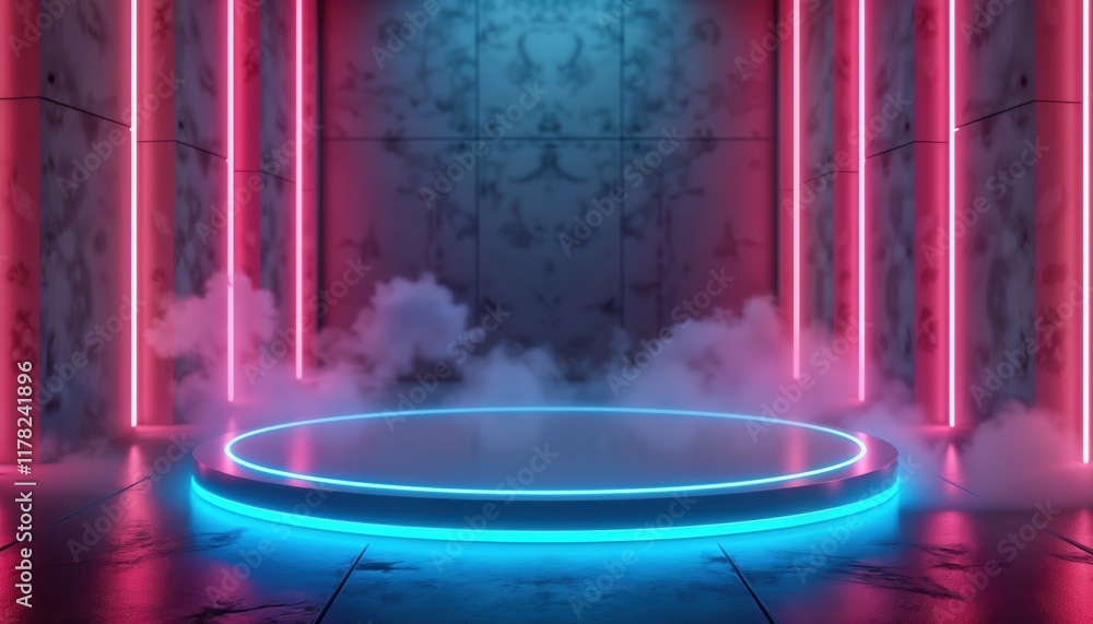 Poster empty futuristic stage platform with vibrant neon lights. circular stage with glowing blue lines. sm