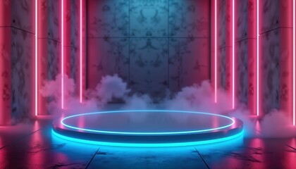 Empty futuristic stage platform with vibrant neon lights. Circular stage with glowing blue lines. Smoke fills background. Pink, blue neon lines. Modern, minimal design. Suitable for product display,