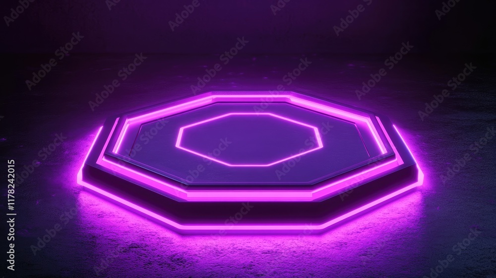 Poster a glowing hexagon platform with purple neon lights surrounding it, evoking a high-tech, futuristic e