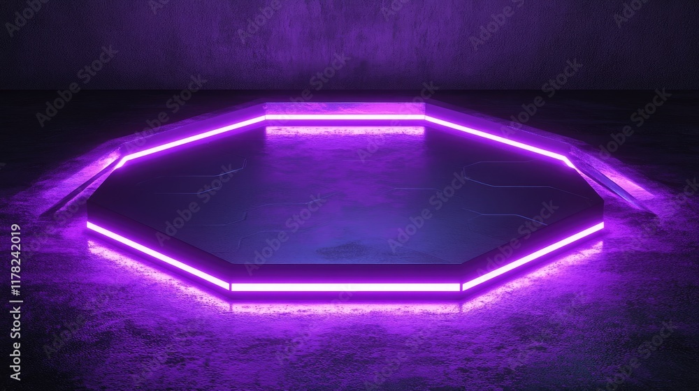 Poster a glowing hexagon platform with purple neon lights surrounding it, evoking a high-tech, futuristic e