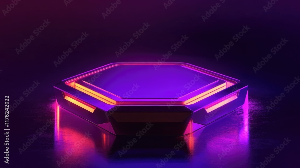 Poster a glowing hexagon platform with purple neon lights surrounding it, evoking a high-tech, futuristic e