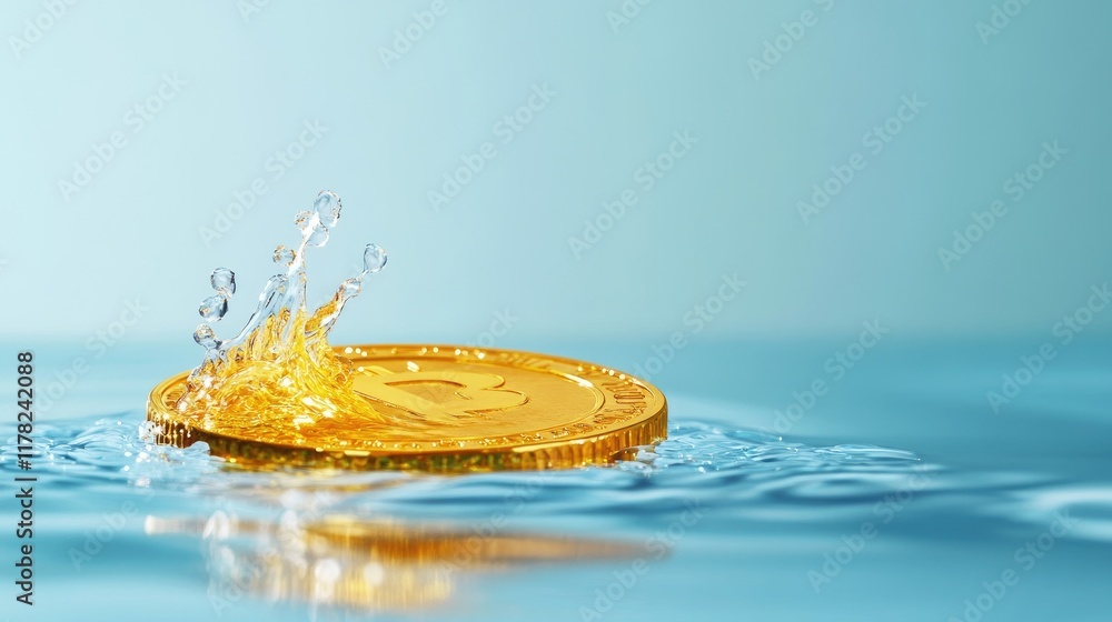 Poster a gold coin melting into a pool of liquid gold on a soft blue backdrop, representing changing financ