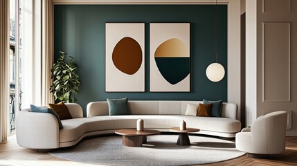 Modern luxurious living room, teal accent wall, large circular abstract artwork, neutral beige sofa, round coffee table, white armchair, wooden floor, floor-to-ceiling windows, potted plant, minimalis