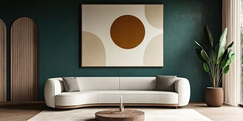 Modern luxurious living room, teal accent wall, large circular abstract artwork, neutral beige sofa, round coffee table, white armchair, wooden floor, floor-to-ceiling windows, potted plant, minimalis