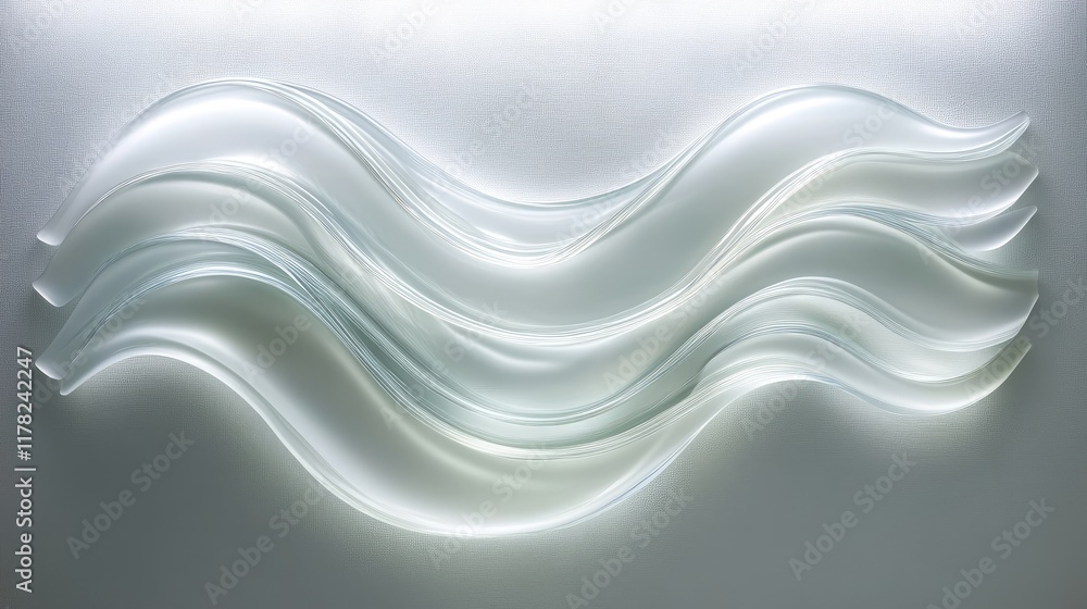 Poster a graceful abstract of fluid glass waves captured in soft light, evoking a sense of calmness, smooth