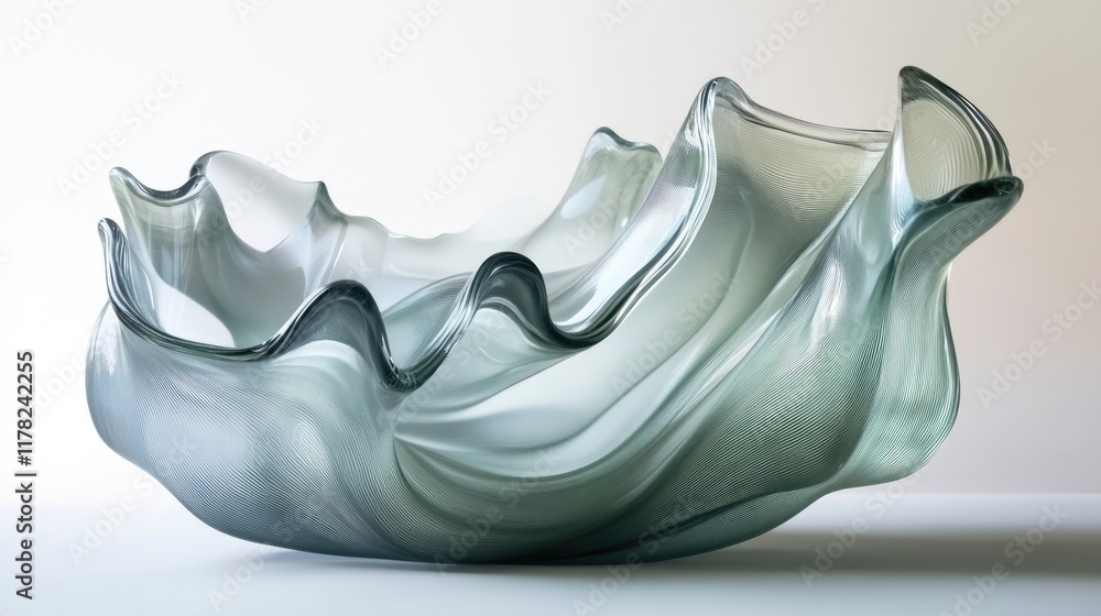 Poster a graceful abstract of fluid glass waves captured in soft light, evoking a sense of calmness, smooth