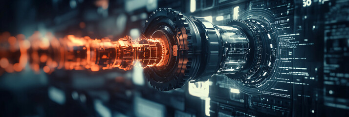 A mechanical arrow with gears and pistons, rotating within a futuristic digital interface, symbolizing innovation and engineered progress.  