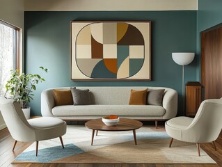 Modern luxurious living room, teal accent wall, large circular abstract artwork, neutral beige sofa, round coffee table, white armchair, wooden floor, floor-to-ceiling windows, potted plant, minimalis