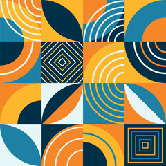 Pattern of circles and middle circles and bold lines on colorful tones on a dark blue background, wallpaper design