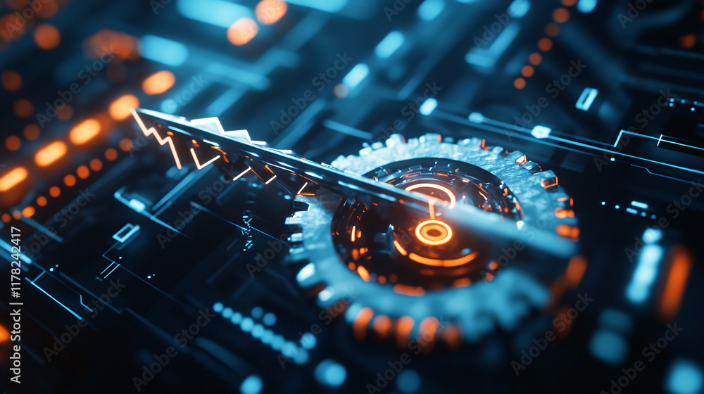 Poster a mechanical arrow with gears and pistons, rotating within a futuristic digital interface, symbolizi