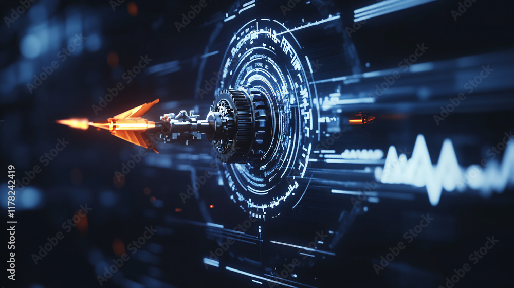 Poster a mechanical arrow with gears and pistons, rotating within a futuristic digital interface, symbolizi