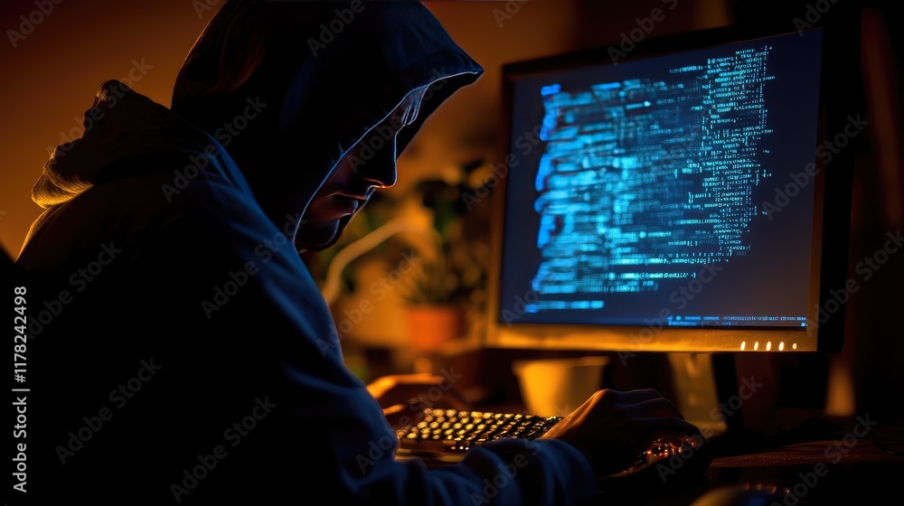Poster A hacker in a hoodie, bathed in the glow of a computer screen displaying complex digital code, evoking an atmosphere of suspense and cybersecurity expertise