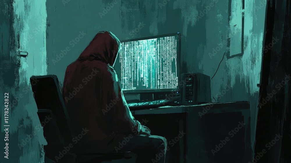 Poster a lone hacker wearing a hoodie, immersed in the analysis of glowing digital code on a monitor in a d
