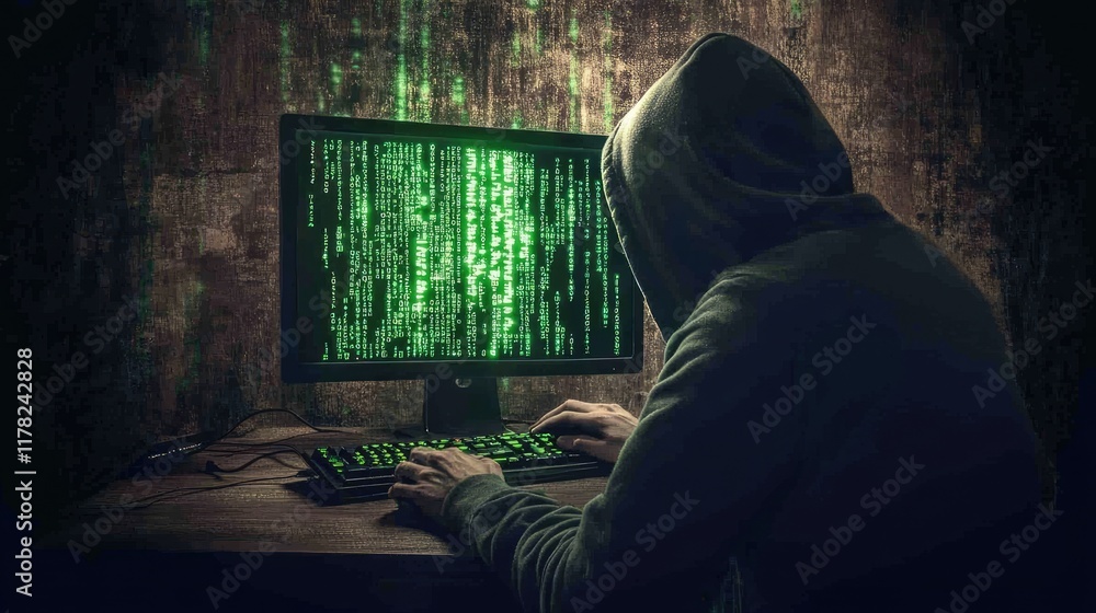 Poster a lone hacker wearing a hoodie, immersed in the analysis of glowing digital code on a monitor in a d