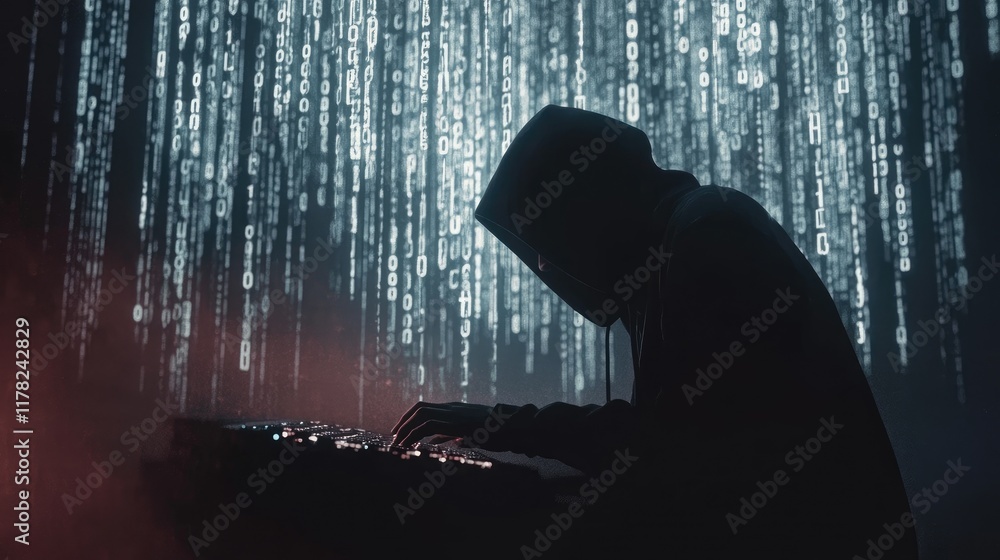 Poster A lone hooded figure typing on a keyboard, with the backdrop filled with digital binary code, representing the world of hacking and data manipulation